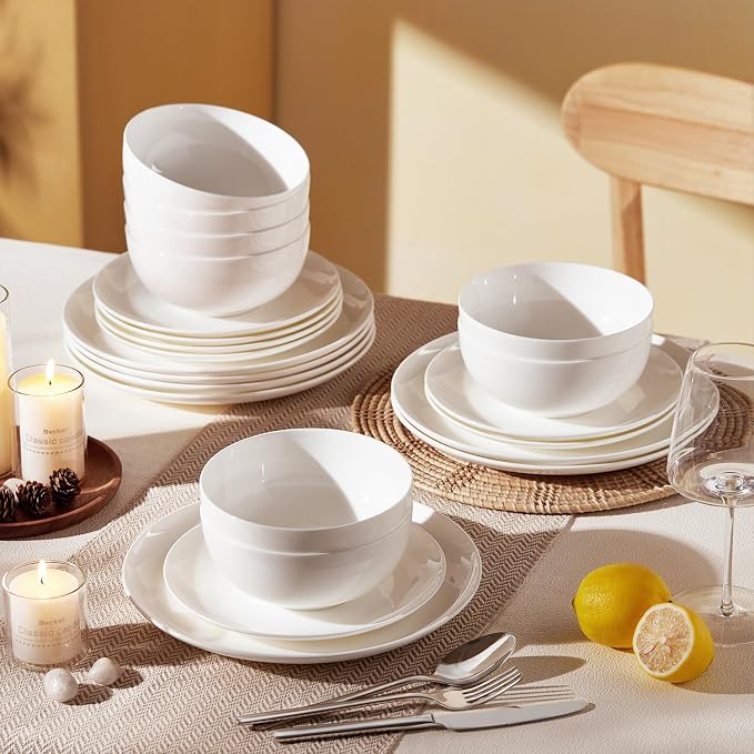 KINGSTONE 24-Piece Bone China Dinnerware Set for 8, Lightweight Porcelain Round Plates and Bowls Set, Durable Scratch Resistant Ceramic Dinner Set, Microwave & Dishwasher Safe, Ivory White