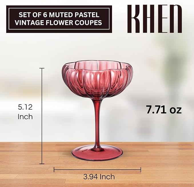 Khen Flower Modern Wavy Glass Coupes Martini, Champagne & Cocktail Coupes - Set of 6-7.7 oz Colorful Cocktail Glasses for Champagne, Prosecco, Mimosa - Copyright Design - Muted Pastel Colors