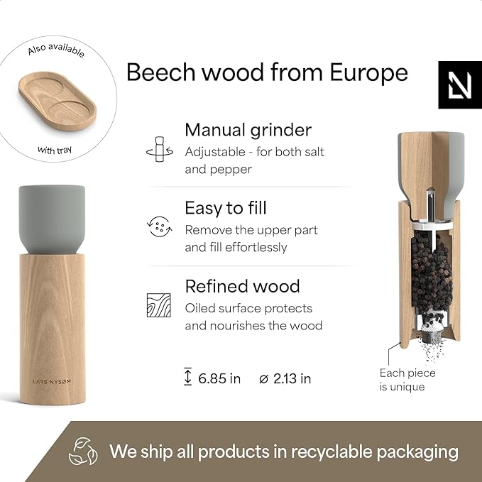 LARS NYSØM Wooden Salt and Pepper Grinder Set Manual - Salt and Pepper Mills with Adjustable Ceramic Grinder - Elegant Beechwood Pepper and Salt Mill Set for Dining Table (Ash Gray)