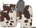 Cow Print Oven Mitts and Pot Holders Set Silicone Heat Resistant Brown Cowhide Western Farmhouse Kitchen Gloves Set Cow Print Kitchen Mittens Pot Holders for BBQ Cooking Baking Grilling