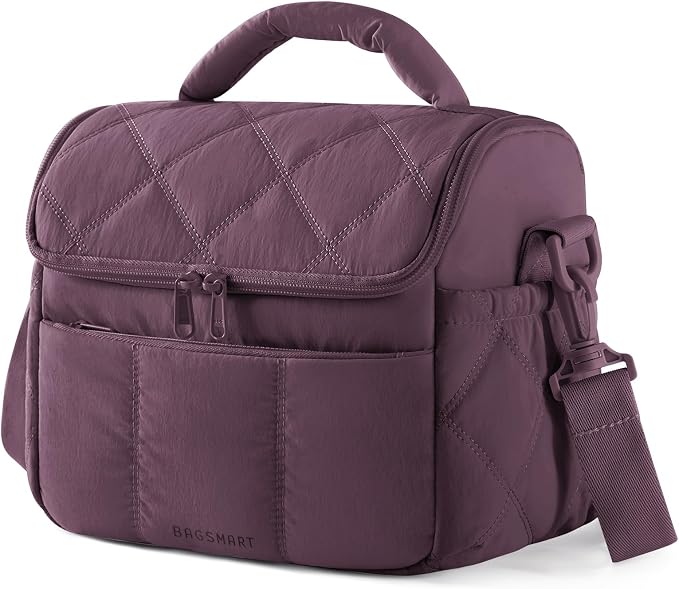BAGSMART Insulated Lunch Bags for Women, Cute Quilted Lunch Box, Lightweight Puffy Padded Waterproof Lunch Tote, Reusable Lunch Cooler for Work Picnic Travel, Blackberry