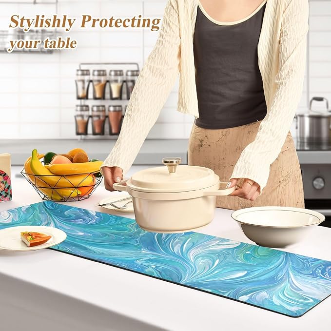 2 in 1 Table Runner Trivet for Hot Pots and Pans Heat Resistant Non Slip Waterproof 39 x 12 Inch Decorative Table Protector for Kitchen Countertop Turquoise Blue Swirl Marble