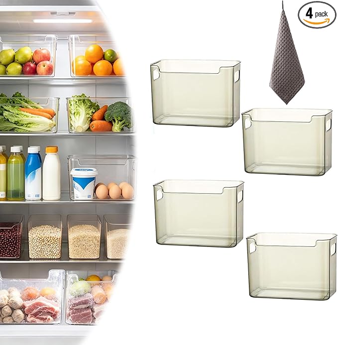 Crystal Clear Freezer Storage Bins, BPA-Free Clear Fridge Organizer Bins with Handles, Stackable Plastic Bins for Organization, Heavy-Duty Clear Storage Bins (Translucent Green, 4L)