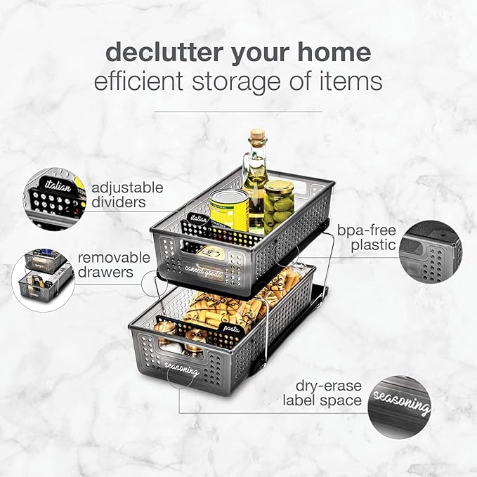 madesmart 2-Tier Plastic Multipurpose Organizer with Divided Slide-Out Storage Bins, Under Sink & 2-Tier Plastic Multipurpose Organizer with Divided Slide-Out Storage Bins