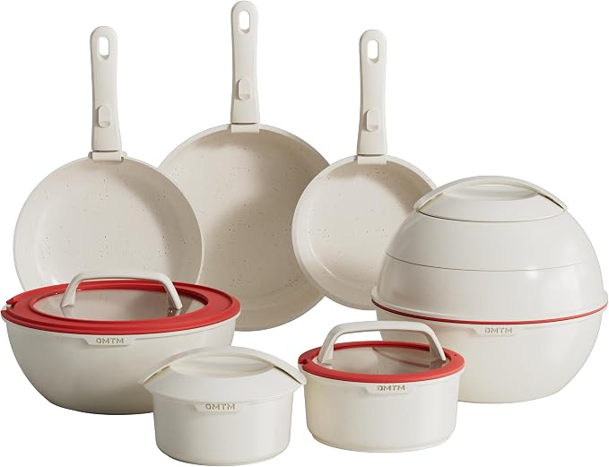 OMTM 19pcs Ceramic Non Stick Pots and Pans Set with Detachable Handle, Space-Saving Nestable Cookware Set for Small Kitchen, RVs, Wedding House Warming Gifts, Eco-Friendly Non-Toxic (PFOS, PFOA Free)