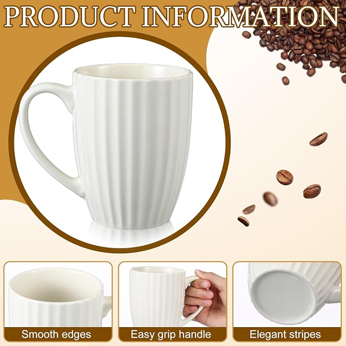 CHENGU Ribbed Coffee Mugs Set of 12, 14 oz Ceramic Coffee Cups with Big Handle, Large Modern White Ribbed Design Tea Cup for Latte, Cocoa, Milk, Hot Cocoa, Microwave & Dishwasher Safe