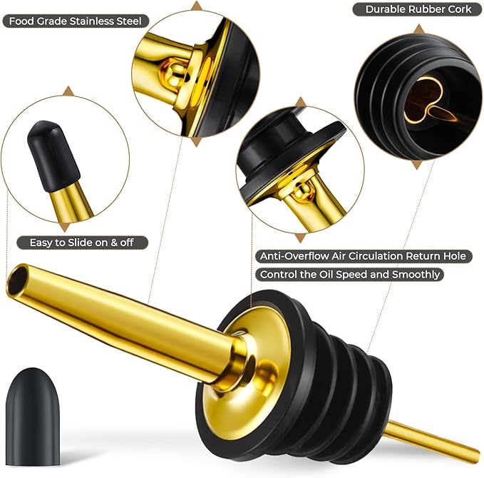 CHENGU 48 Pcs Stainless Steel Bottle Pourers Tapered Liquor Pourers with Rubber Dust Caps Tapered Spouts Set Bar Supplies Vinegar Bottle Dispenser Wine Liquor Spout for Oil Beer Drink Water (Gold)