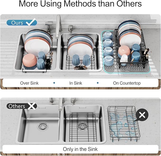 iSPECLE Expandable Dish Drying Rack with Silicone Mat for Kitchen Sink or Counter, Heavy Duty Adjustable Over Sink Dish Drainer with Square Corners, Fit for Modern Single & Double Sinks, Black