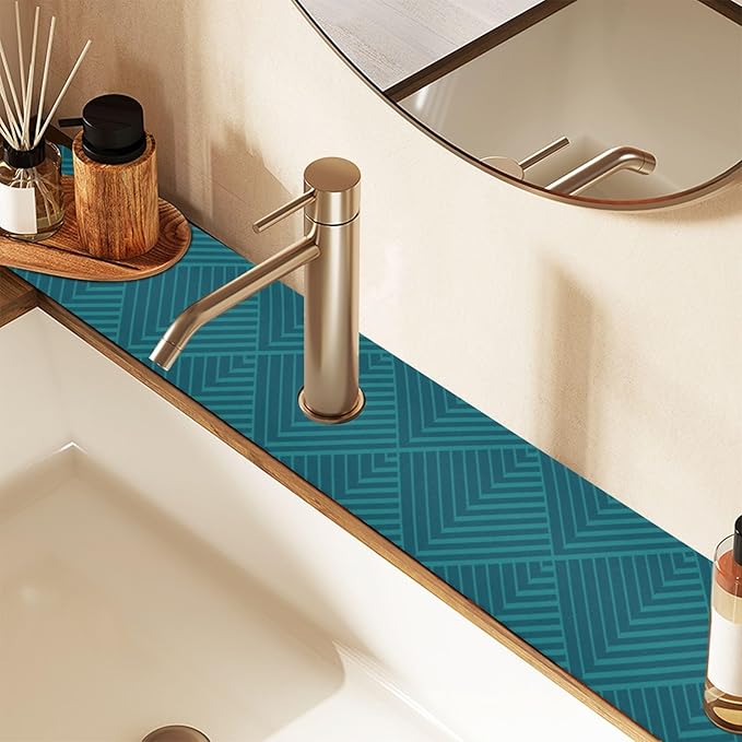 Kitchen Sink Splash Guard 2 PCS 14.7 Inch Sink Faucet Mat Splash Guard for Bathroom Countertop Water Absorbent Foldable Cuttable Soft Washable Dark Green Geometric Art