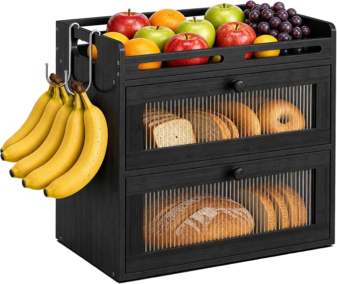 Bread Box for Kitchen Countertop, 2-Tier Bamboo Bread Storage Container with Acrylic Window, Raised-Rail Top Shelf and 2 Banana Hooks, Farmhouse Counter Organizer for Pantry, Black