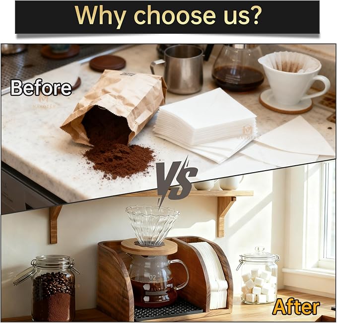 Acacia Coffee Bar Station Organizer Stand, Wooden Pour Over Maker Caddy Storage Organizers, Coffee Filter Holder for Countertop with Heatproof Mat (9.4*7*5.1 inch) Glass Coffee Maker not included