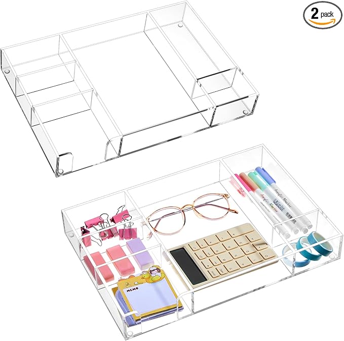 Briwooody 2 Pcs Clear Acrylic Desk Drawer Organizer 12 x 8 x 1.77 Inch Drawer Organizer Trays with 6 Compartments Desk Accessories for Office Makeup Silverware Bathroom
