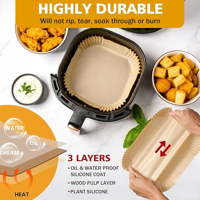 400 Pcs 8 Inch Square Air Fryer Paper Liners Disposable Parchment Liners Made of Unbleached Food Grade Paper for Non Stick Oil Proof Cooking in 5 to 8 QT Air Fryer Baskets