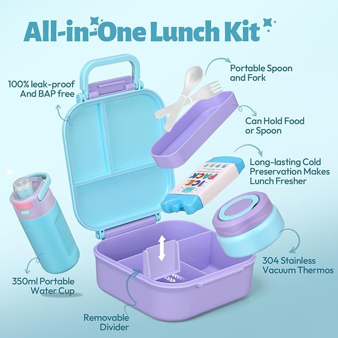 Itslife Bento Lunch Box for Kids Set, insulated food container, 7 oz thermos for hot food, 12 oz thermos water bottle, Reusable Insulated Ice Bag & Fork Spoon Utensils Camping Travel Purple