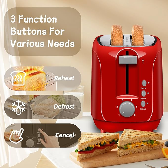 SEEDEEM 4 Slice Toaster, Extra Wide Slots Bread Toaster with 6 Shade Settings, Bagel/Cancel/Defrost/Reheat Functions, Removable Crumb Tray, Auto Shut-Off, Red