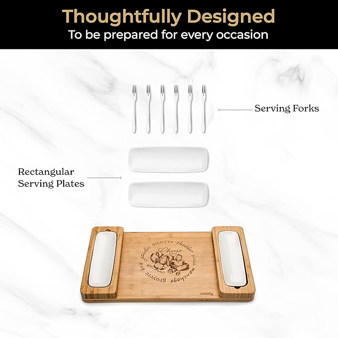 SMIRLY Charcuterie Board Set: Bamboo Rectangular Rustic Brown Cheese Board with Charcuterie Accessories & Round Fruit Tray - Perfect for Entertaining, Gifting, and Serving