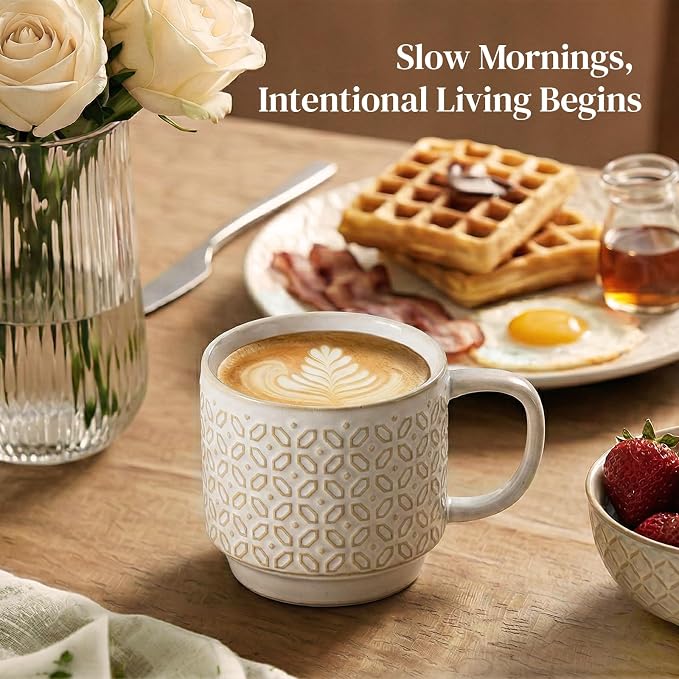 DOWAN 12oz Coffee Mugs Set of 4, Ceramic Coffee Mugs, Stackable Cappuccino Cups, Microwave Safe and Large Handle, Office and Home Use