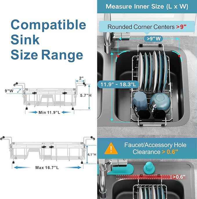 GSlife Small Sink Dish Drying Rack with Silicone Drying Mat - 9" W Expandable Stainless Steel Compact Dish Drainer with Lock Knob for RV, Apartment, Camper, Kitchen, 11.9"-16.7" L, Silver