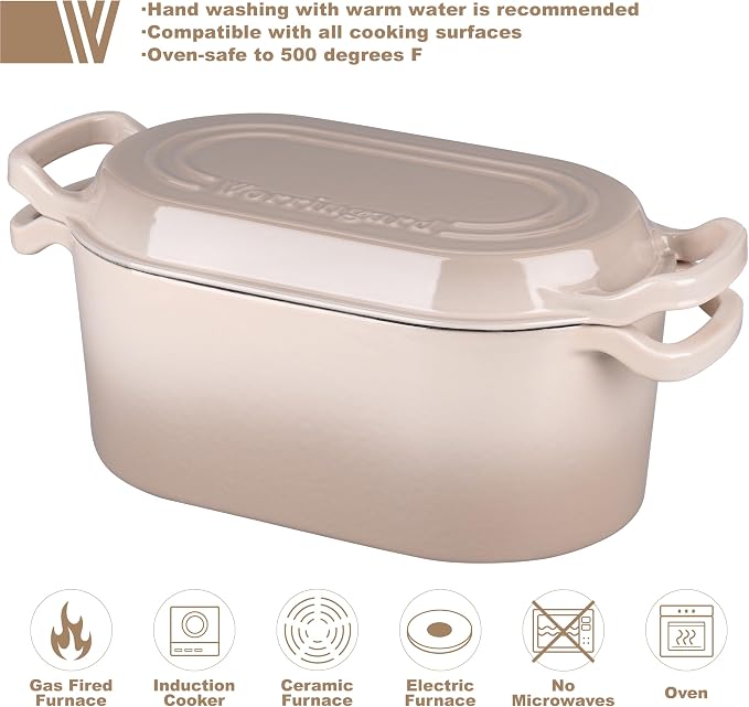 VORRINGARD Oval Dutch Oven Pot with Lid, Enamel Coating Cast Iron Bread Pans for Homemade Sourdough Bread Baking, Cooking, 4 Quart, Latte