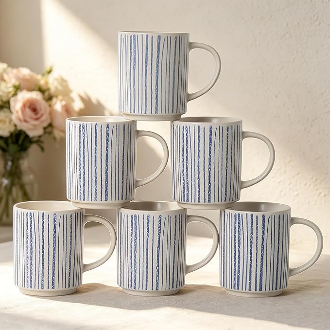 Coffee Mugs Set of 6, 17oz Ceramic Mugs with Handpainted Blue Gray Stripe Pattern, Modern Stackable Coffee Cups, Dishwasher and Microwave Safe Mugs for Home & Office (Vertical Stripes)