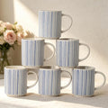 Coffee Mugs Set of 6, 17oz Ceramic Mugs with Handpainted Blue Gray Stripe Pattern, Modern Stackable Coffee Cups, Dishwasher and Microwave Safe Mugs for Home & Office (Vertical Stripes)