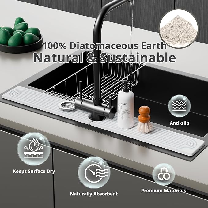 Sink Splash Guard - 30" Absorbent Stone Sink Tray for Kitchen and Bathroom Faucets - Durable Diatomite Mud Faucet Mat for Countertops - White