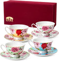 BTaT- Floral Tea Cups and Saucers Set of 4 (8 oz), Porcelain Tea Cup Sets with Gold Trim & Gift Box, Dishwasher & Freezer Safe