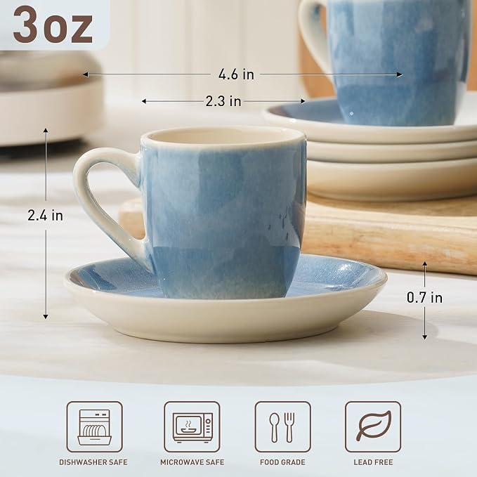 famiware Glacier Espresso Cups with Saucers Set of 4, 3oz Espresso Cup Set, Coffee Mug Set for Latte, Macchiato, Stoneware Demitasse Cups Set for Cafe, Microwave&Dishwasher Safe, Azure Blue