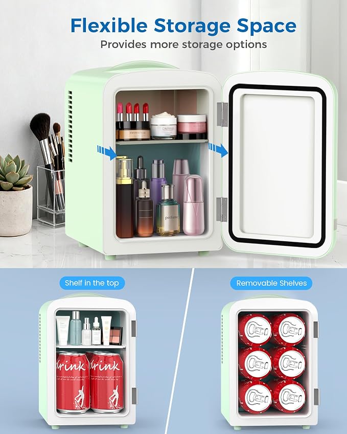Electactic Mini Fridge for Skincare, 4L/6 Cans Small Cosmetic Fridge for Makeup & Beverage, Portable Desk Fridge Cooler and Warmer for Kids, Bedroom, Countertop, Green