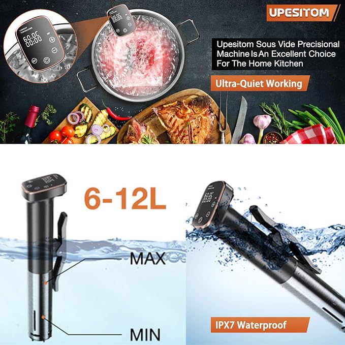 1100W Sous Vide Cooker for Steak & Tender Chicken Sous Vide Machine Ultra-Quiet Immersion Circulator with Precise Touch Control & Digital Timer, Fast Heating, IPX7 Waterproof