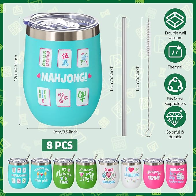 Patelai 8 Pcs Mahjong Tumbler with Straw Lid and Brush 12oz Stainless Steel Insulated Mahjong Cups Double Vacuum Thermal Mugs Mah Jong Accessories for Game Night Party Favor Mah Jong Lovers Gift