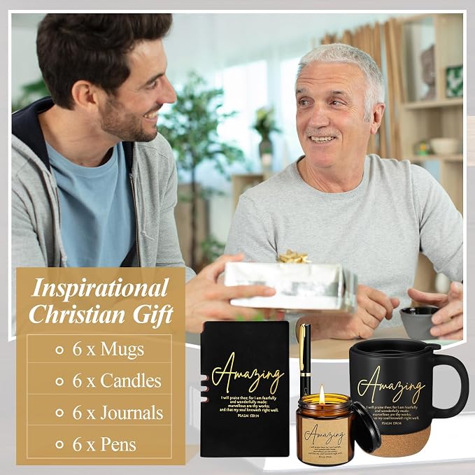FillTouch 6 Set Christian Gift for Men 15 oz Bible Verse Ceramic Coffee Mug A6 Leather Journal with Pen and Scented Candle Religious Gift for Church Pastor Sunday School(Black)