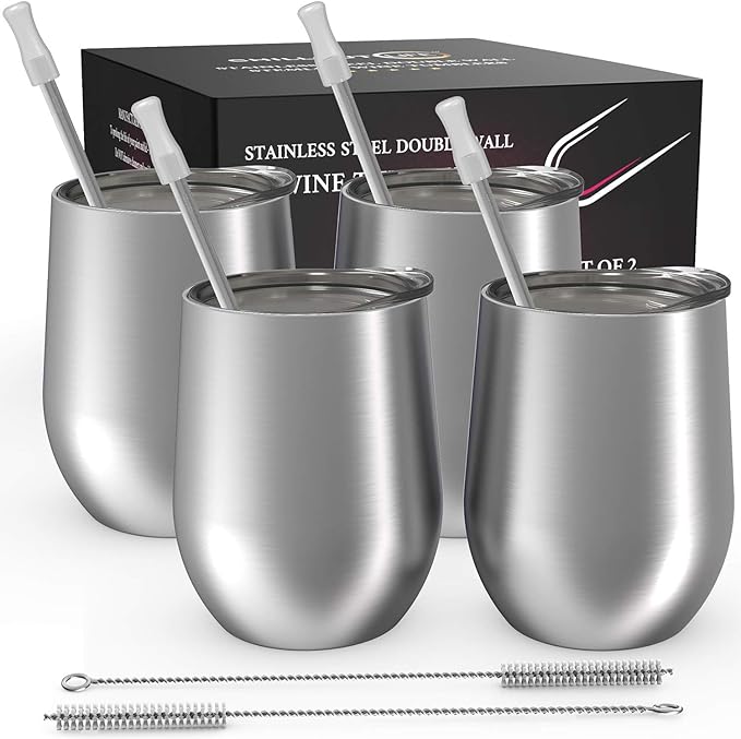 CHILLOUT LIFE 12 oz Stainless Steel Wine Tumblers 4 Pack - Double Wall Vacuum Insulated Wine Glasses Cups with Lids and Straws Set Keeping Cold & Hot for Coffee, Beer, Ice Cream - Dishwasher Safe