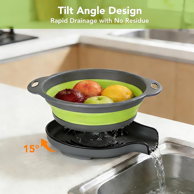Collapsible Colander Set of 3 with Kitchen Counter Self-draining Base, Round Silicone Food Foldable Strainer for Cooking Pasta, Vegetables and Fruit (3QT, 4QT and 5QT)