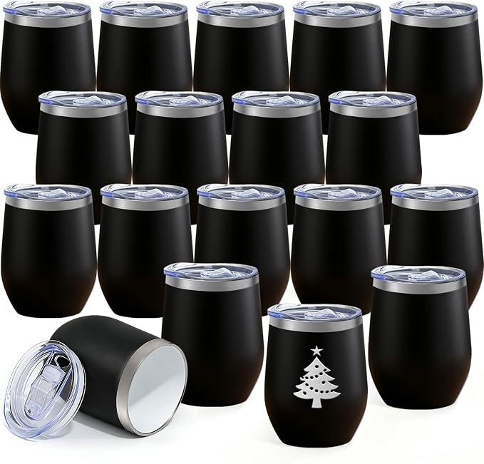 YOUKE OLA 18 Pack Stainless Steel Powder Coated Wine Tumbler with Ceramic Lining, Double-Wall Vacuum Insulated Travel Coffee Mug with Lids for Laser Engrave, DIY Gift, 12oz Black