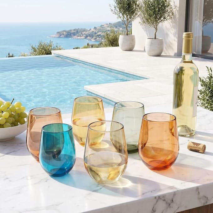 Khen European Style Shatterproof Tritan Stemless Wine Glasses, Acrylic Glass Drinkware, Unbreakable Colored, 6 - Set - BPA-free plastic, Reusable, Dishwasher Safe, All Purpose Glassware 15oz - (Muted)