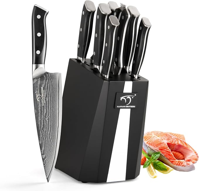 NANFANG BROTHERS Damascus Knife Set, 9-Piece VG10 Kitchen Knives with Block | 9-piece professional Damascus kitchen knife set with VG10 steel core, 66 layers, wood block, and ABS handles