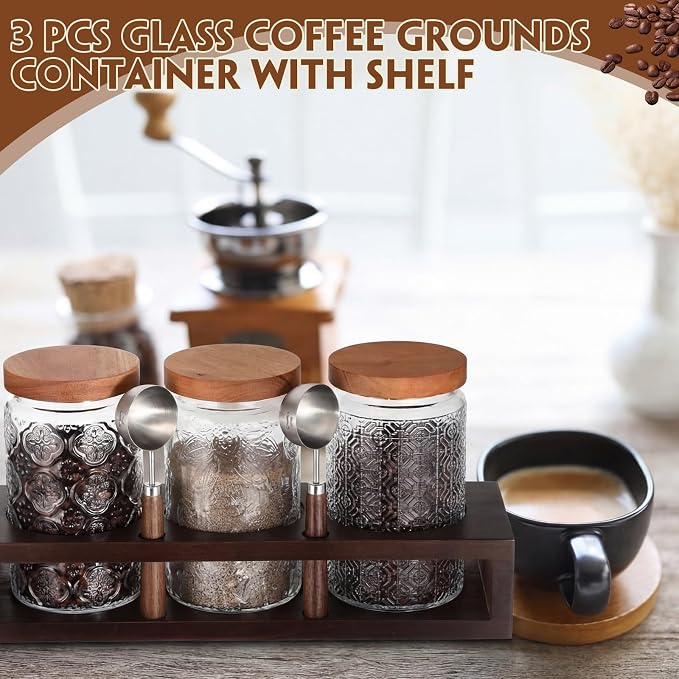 Suclain 3 Pcs 34 oz Glass Coffee Grounds Container with Shelf Glass Coffee Bean Storage Canisters with Airtight Lid and Measuring Spoon Food Storage Jars for Kitchen Sugar (Elegant Style)