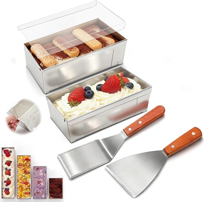 Blushtier 2 Pcs Nonstick Rectangle Tiramisu Cake Pan with Acrylic Lid and 2 Metal Spatula Removable Frame 304 Stainless Steel Cake Baking Molds for Tiramisu Cheesecake Mousse (6.3 x 3.94 x 2.56 Inch)