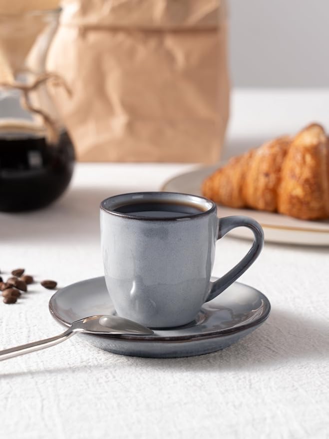 famiware Ocean Espresso Cups with Saucers Set of 4, 3.34oz Espresso Cup Set, Coffee Mug Set for Latte, Macchiato, Stoneware Demitasse Cups Set for Cafe, Microwave&Dishwasher Safe, Gray