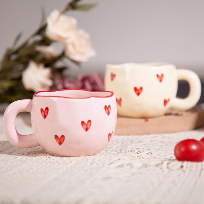 4pcs Ceramic Heart Mugs, 9.4OZ Cute Love Coffee Cup Set, Pink & Yellow, Dishwasher Safe Espresso/Latte Mugs Set, Gift for Women/Mom/Girl Friend(Love)