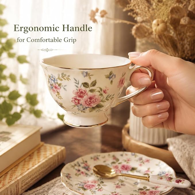Noviko Floral Tea Cups and Saucers Flower Ceramic Cup for Women and Tea Parties (6 oz, Set of 2)