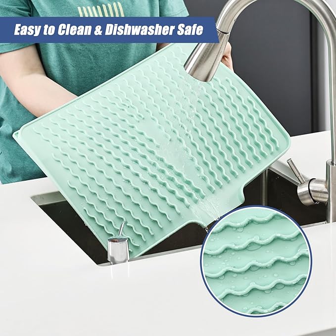 Silicone Dish Drying Mat for Kitchen Counter, Heat-resistant Dish Dryer Mat with Built-in Drain Lip ,Drain Pad Protects Surfaces Prevents Water Build UP (23.6" x 15.7", Mint-1pcs)
