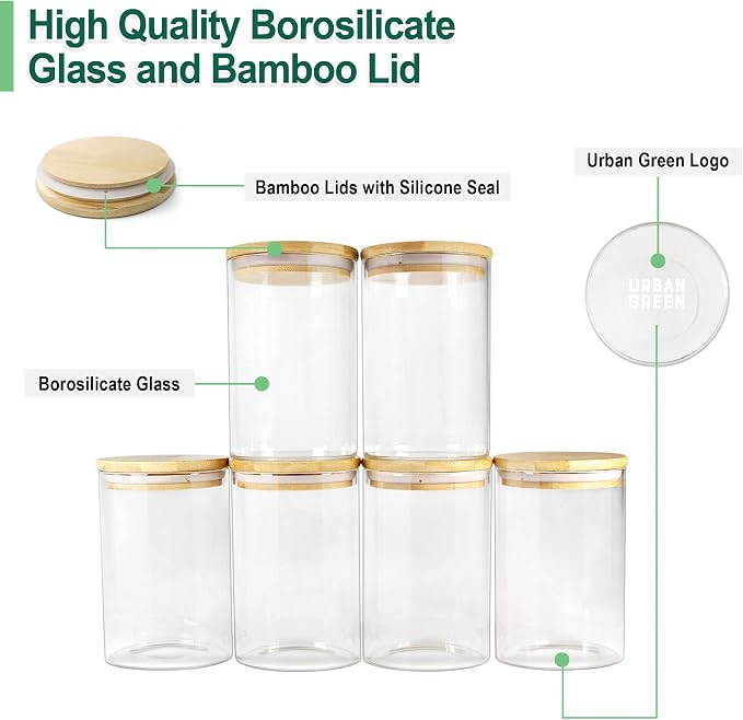 Urban Green Glass Jars with Airtight Lids, Airtight Glass Canisters with Locking Lids, (Bamboo-20oz-30oz)