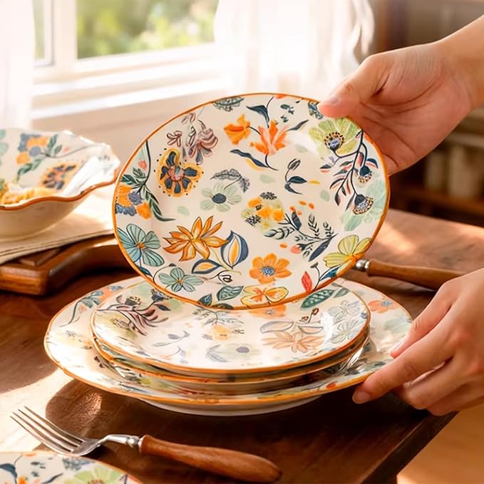 24-Piece Floral Pattern Ceramic Dinnerware Set (Service for 8) - High-Temp Fired, Microwave & Dishwasher Safe, Scratch-Resistant Kitchen Dining Plates Bowls Set
