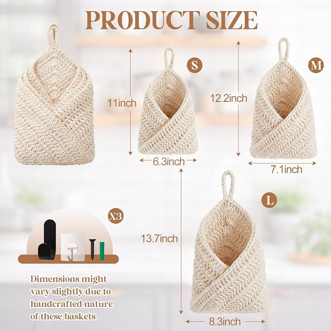 Honeydak Boho Decor Hanging Wall Baskets for Kitchen 3 Pack Teardrop Baskets with Hooks Storage Fruit Onion Vegetable Potato for Home 3 Sizes (White,Triangle,Cotton Rope)