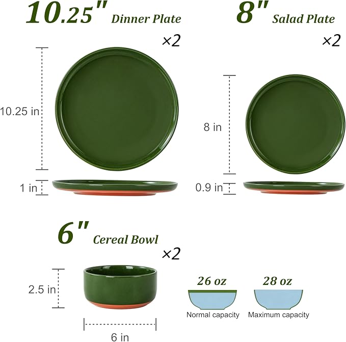 6 Piece Ceramic Plates and Bowls Sets for 2, Elegant Green | Stoneware Dinnerware Set, Dishwasher & Microwave Safe, Handcrafted, Perfect for Family and Gatherings