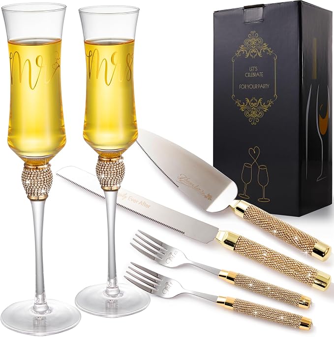 Wedding Cake Knife and Server Set, Gold Cake Cutting Set for Wedding, Mr and Mrs Champagne Flutes for Bridal Shower Gifts Engagement Gifts for Couples