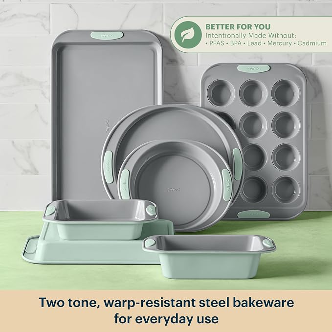 Pyrex 8-Piece Metal Bakeware Set, Lightweight Stainless Steel Baking Trays with Heatsafe Silicone Handles, Cookie & Muffin Sheets, Round/Square Baking Pans, Sage