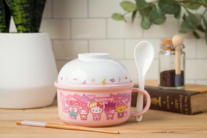 Silver Buffalo Sanrio Hello Kitty and Friends Featuring Keroppi, My Melody, Badtz-Maru, and Pompompurin Soup Mug and Bowl Lid with Spoon and Chopsticks, 13 Ounce Bowl Lid, 22 Ounce Soup Mug